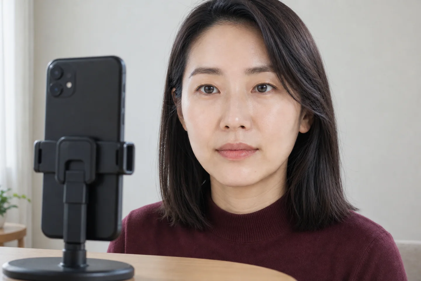A woman faces a phone on a stable stand with her mouth relaxed and gently closed.