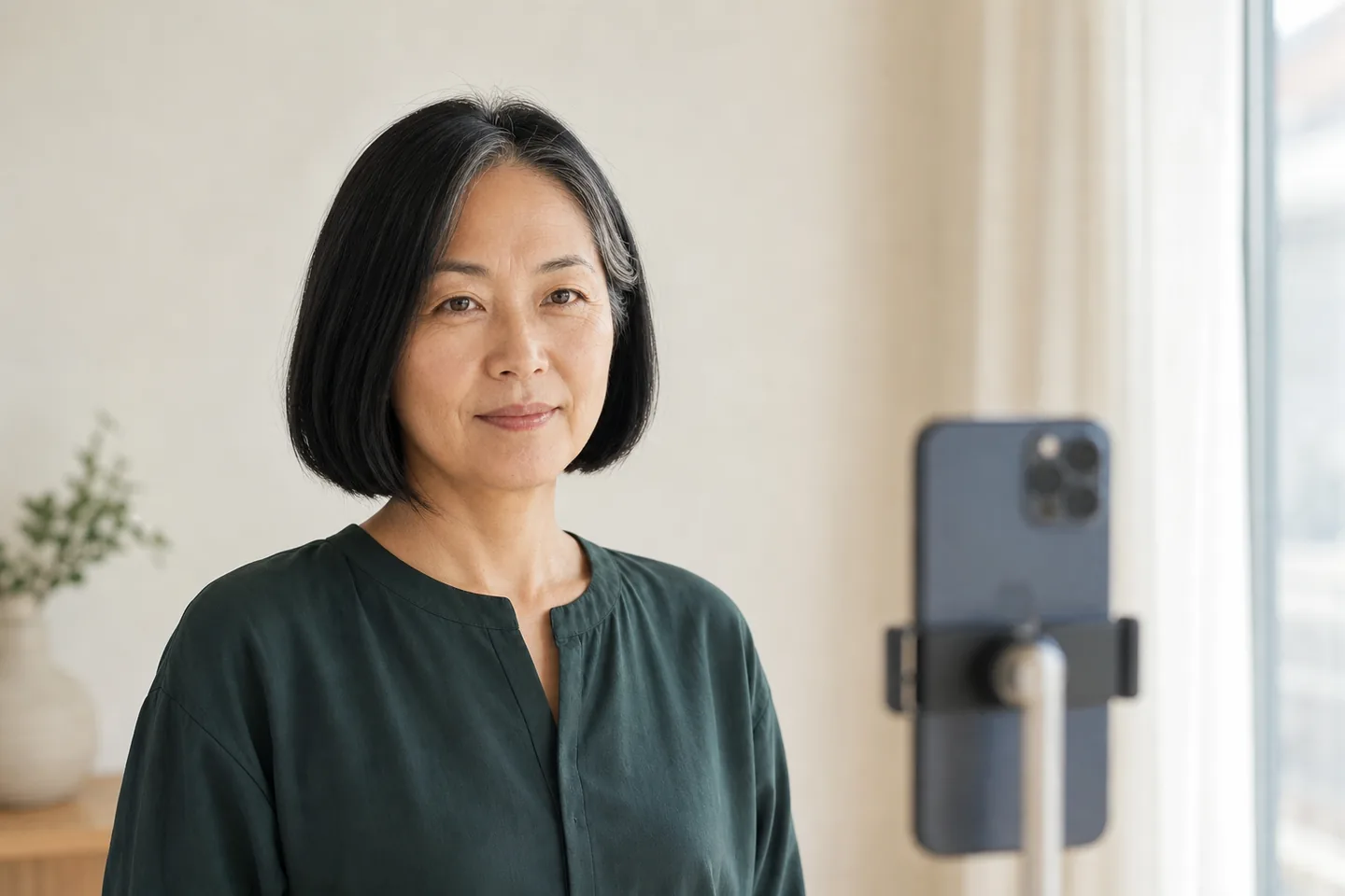 A woman faces a phone camera in soft daylight with her complete hair outline visible.