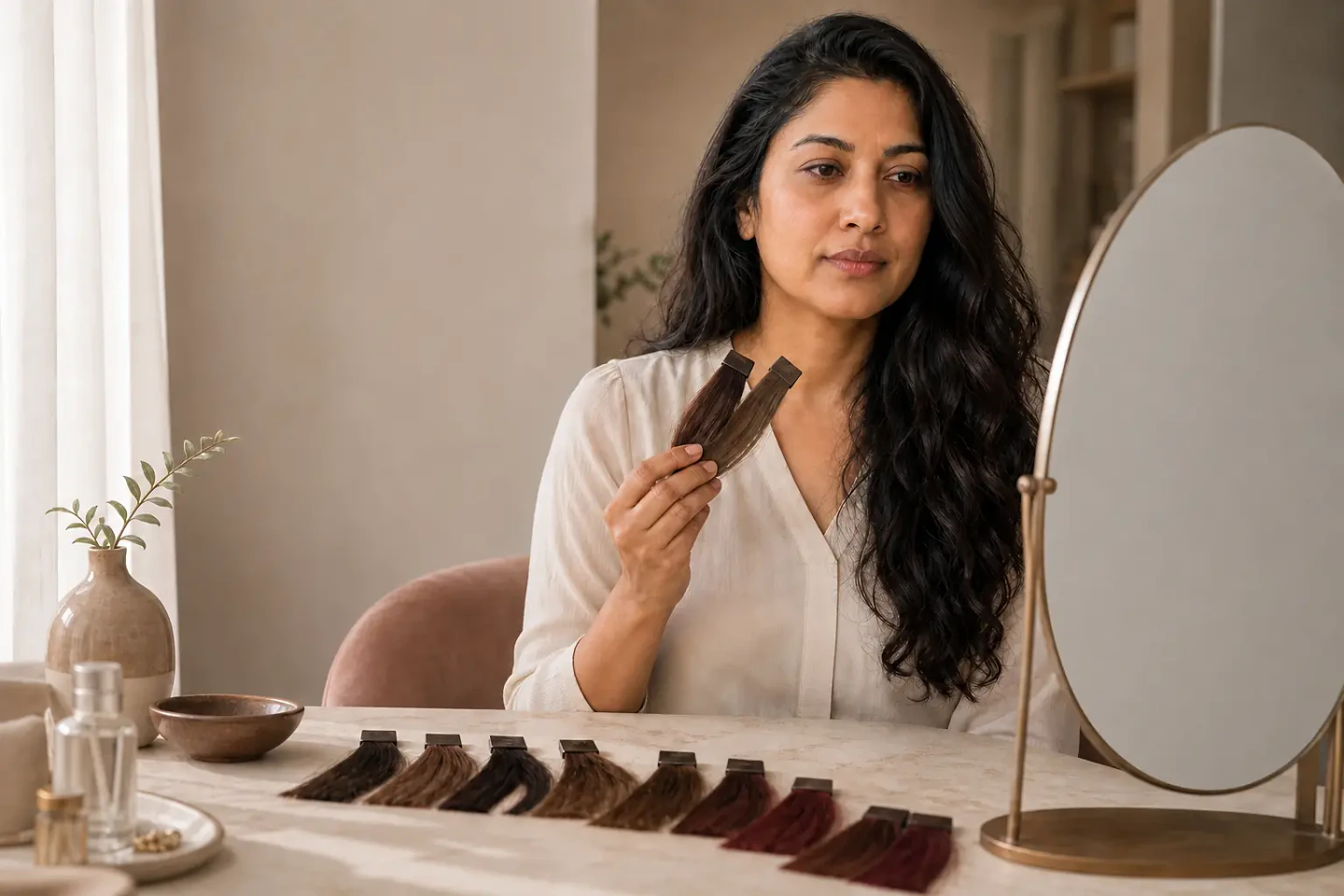 A woman compares brunette and auburn hair-color swatches beside a mirror.