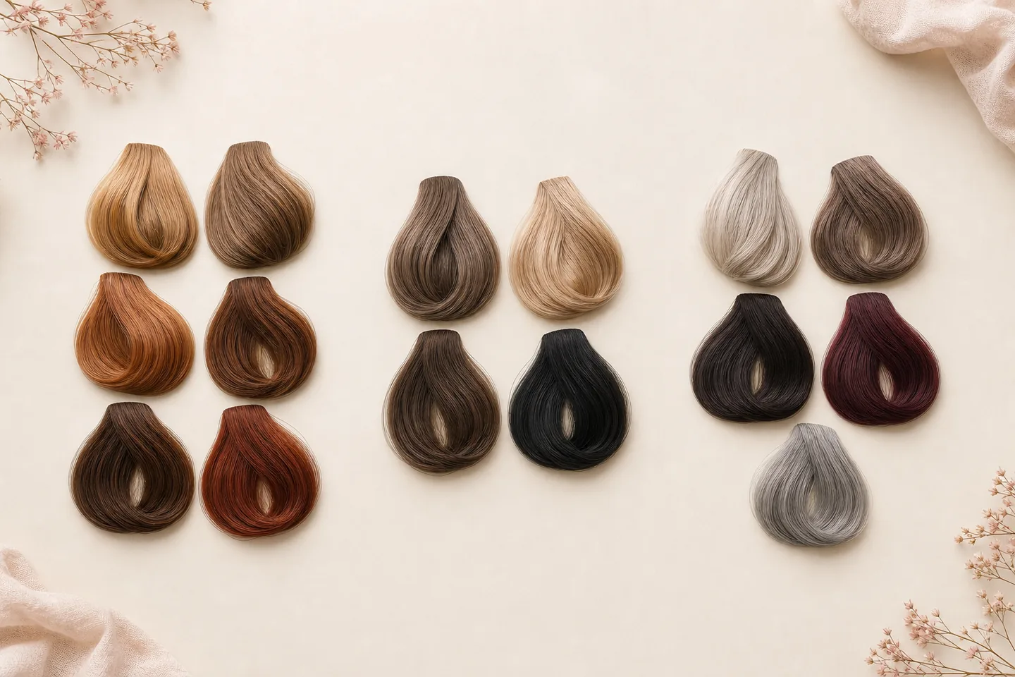 Hair swatches arranged into warm, neutral, and cool color families.